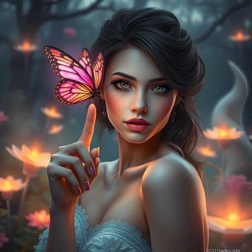 The image depicts a highly detailed, computer-generated illustration of a young woman with dark brown hair styled in a bun. She has striking green eyes and is wearing a white, lacy dress with a strap over her shoulder. Her right hand is raised, with her index finger pointing upwards, adorned with pink nail polish. Perched delicately on her finger is a large butterfly with pink and orange wings, black body, and black antennae. The woman's head is slightly turned to the right, and she gazes directly at the viewer. The background features a dark, forest-like setting with numerous glowing lotus flowers and other illuminated plants, creating a mystical ambiance. The overall scene is rich in detail, with the woman's pale skin contrasting against the dark, enchanting backdrop.