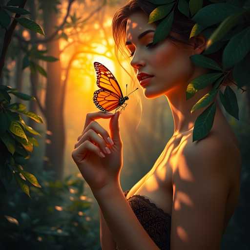A woman is standing in a forest with her hands outstretched towards a butterfly resting on one of the leaves behind her head. The butterfly has orange and black wings and is facing away from the camera.