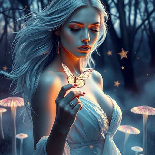 The image depicts a computer-generated, AI-generated scene of a woman standing in a mystical, dark forest. She has long, flowing white hair and is wearing a white dress that ties at the waist. Her eyes are closed, and her head is slightly tilted downward, giving her a serene expression. She has red lipstick and red fingernails, and a ring adorns her finger. A yellow butterfly with black-tipped wings rests delicately on her extended index finger. The background features a dark, shadowy forest with tall trees and glowing mushrooms that emit a pinkish-orange light. The scene is further enhanced by the presence of stars and a smoky, foggy atmosphere, adding to the enchanting and ethereal quality of the image.