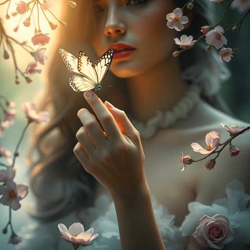 A woman with long blonde hair is holding a butterfly in her hand. The butterfly has orange and black wings and is resting on the woman's finger. The background features pink flowers and branches, creating a serene and picturesque setting for this intimate moment between the woman and the butterfly.