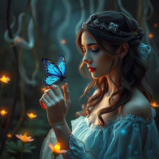 A woman with long brown hair is holding a blue butterfly on her fingers in front of her face. She is wearing a white dress and has a tiara on her head. The background features trees and flowers, creating an enchanting forest setting.
