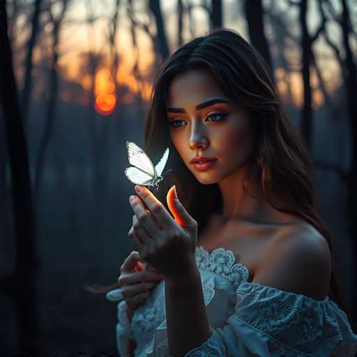 In this captivating image, a young woman with long, dark brown hair and striking blue eyes is depicted in a serene forest setting. She is wearing a white, lacy dress with off-the-shoulder sleeves that add an ethereal touch to her appearance. Her makeup is meticulously done, featuring bold red lipstick and dramatic eyeliner that accentuates her eyes. The woman is holding a delicate white butterfly in her right hand, which rests gently on her thumb, while her left hand supports her right arm. The butterfly's wings are spread wide, showcasing its intricate patterns. The background reveals a dense forest with tall trees, and the soft glow of the setting sun casts a warm, orange hue across the scene, enhancing the tranquil and magical atmosphere.