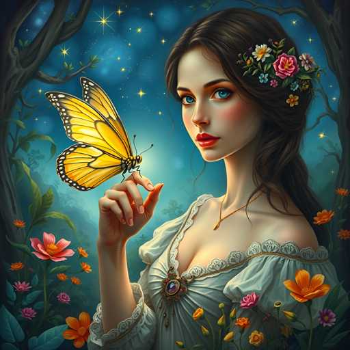 A woman with long brown hair is holding a butterfly aloft in her hand. She is wearing a white dress and has flowers adorning her hair. The background features trees and bushes under a starry night sky.