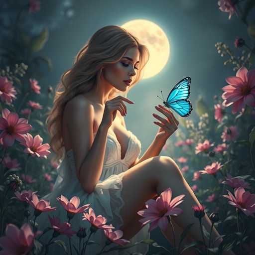 A woman with blonde hair is sitting on a pink flower bed surrounded by purple flowers and a full moon in the background.