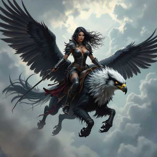 The image depicts a striking fantasy scene featuring a woman clad in intricate black leather armor, complete with a breastplate, shoulder plates, and gauntlets. She is mounted on a majestic creature that appears to be a hybrid between a horse and a bird of prey, possibly an eagle or a hawk. The creature has a white head, a yellow beak, and piercing yellow eyes, with its body covered in black feathers. Its large, outstretched wings are predominantly black with white tips, and it has a tail that is a mix of black and white. The woman, who has long black hair, is holding a sword in her right hand and is gazing directly at the viewer. The background is a dramatic sky filled with dark, ominous clouds, suggesting an impending storm. The overall composition evokes a sense of power and mystique, reminiscent of a scene from a fantasy video game or a graphic novel.