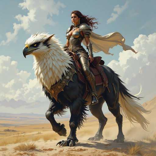 In this captivating fantasy illustration, a formidable female warrior is depicted riding a majestic creature that appears to be a hybrid between a horse and a bird. The warrior is adorned in intricate, form-fitting armor that accentuates her muscular physique, particularly her well-defined chest. Her ensemble includes a flowing cape that billows dramatically in the wind, adding to her majestic presence. She is equipped with sturdy boots and a helmet that complements her armor, enhancing her battle-ready appearance.

The creature she rides is equally striking, with a body resembling that of a horse but adorned with the head of a bird. Its feathers are predominantly white, contrasting sharply with its piercing yellow eyes and a beak that is a mix of black and yellow. The creature's powerful legs are covered in feathers, adding to its otherworldly appearance. Both the warrior and her mount are captured in mid-motion, with the creature's front legs raised as if they are about to take a step, while the rear legs remain firmly planted on the ground.

The scene is set in a vast, open desert landscape, with the expansive sandy terrain stretching out beneath them. The sky above is a serene blue, dotted with fluffy white clouds that add depth and contrast to the arid environment. This detailed and dynamic illustration vividly brings to life a moment of strength and elegance in a fantastical world.