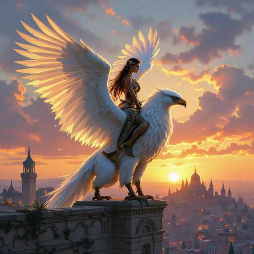 In this captivating fantasy illustration, a majestic white eagle with outstretched wings dominates the scene. The eagle's wings are bathed in a warm, golden light, creating a striking contrast against the backdrop of a sunset sky. Perched regally atop the eagle is a woman adorned in elaborate, gold-trimmed boots that extend up to her thighs. Her long, flowing hair cascades down her back, and she wears a headband that complements her regal appearance. The woman's attire includes a sleeveless top, and she gazes thoughtfully to the right, adding a sense of contemplation to the image.

The eagle and its rider are perched on the edge of a stone building, which is part of a larger cityscape. Below them, the city is illuminated by numerous lights, creating a warm and inviting glow. The skyline features several buildings, including a prominent tower on the left side of the image. The sky itself is a mesmerizing blend of orange and gray hues, with clouds tinged in gray and orange, enhancing the overall fantastical atmosphere of the scene.