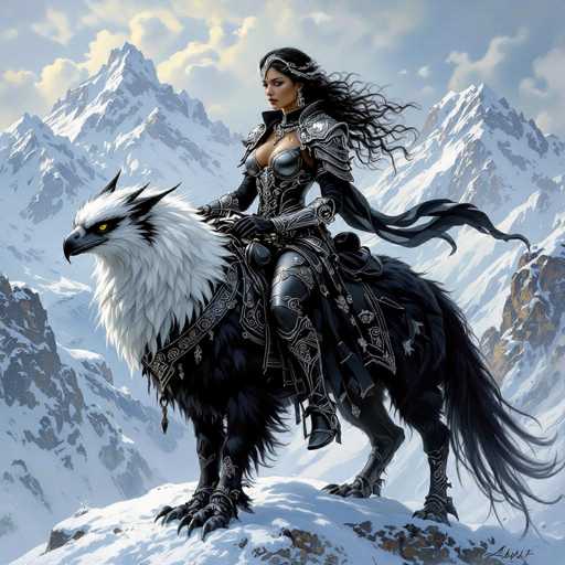 In this captivating fantasy illustration, a striking female warrior is depicted riding a majestic creature that combines the features of a bird and a horse. The creature's body is predominantly black, adorned with intricate silver armor that enhances its regal appearance. Its head is distinctly avian, with a white face, a sharp black beak, and piercing yellow eyes, adding to its otherworldly allure.

The warrior herself is a vision of strength and elegance. She has long, flowing black hair that cascades down her back, partially covered by a silver headpiece that complements her armor. Her attire is a form-fitting silver suit that accentuates her curves, paired with black pants and a flowing black cape that billows behind her in the wind. She wears black gloves and boots, completing her formidable look.

The scene is set against a backdrop of snow-covered mountains, their peaks reaching towards a sky dotted with clouds. The ground beneath them is blanketed in snow, with patches of brown earth peeking through, adding a touch of realism to this fantastical landscape. The overall composition exudes a sense of adventure and mystique, drawing viewers into the world of this powerful warrior and her mythical steed.