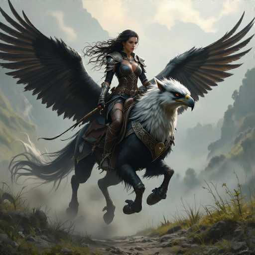 A captivating fantasy scene unfolds in this detailed illustration, reminiscent of a high-fantasy video game. At the center, a formidable female warrior with long, flowing black hair and piercing brown eyes commands attention. She is clad in intricate, dark gray and brown leather armor that accentuates her curves while providing robust protection. Her ensemble includes a matching skirt and knee-high boots, both crafted from the same leather material. A striking silver necklace with a large pendant adorns her neck, adding a touch of elegance to her battle-ready appearance.

The warrior rides atop a majestic creature that defies conventional classification. This mount, with its bird-like head and expansive wings, is a fusion of avian and equine features. Its body is predominantly black, contrasting sharply with its white head and the black feathers that extend from its neck to its tail. The creature's powerful legs are poised mid-stride, with its front hooves raised as if ready to strike, exuding an aura of readiness and ferocity.

The background sets a dramatic stage for this epic scene. A misty, foggy landscape stretches out behind them, with the faint outlines of mountains barely visible through the haze. The ground beneath them is a rugged mix of dirt and rocks, interspersed with patches of grass, adding to the wild and untamed atmosphere. This image captures a moment of intense action and fantasy, inviting viewers into a world where mythical creatures and brave warriors come to life.