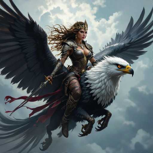 The image depicts a striking fantasy scene featuring a majestic female warrior riding a colossal eagle. The warrior is adorned in intricate, metallic armor that covers her chest, shoulders, and legs, exuding an aura of strength and power. Her long, flowing brown hair cascades down her back, and she wears a regal crown atop her head. In her right hand, she wields a gleaming sword, while her left hand grips the eagle's neck securely.

The eagle, with its impressive wingspan, is predominantly black with a contrasting white head and neck. Its piercing yellow eyes and sharp beak add to its fierce appearance. The bird's talons are extended, as if ready to strike, and its wings are spread wide, suggesting it is in mid-flight.

The background is a vast, cloudy sky, creating a dramatic and ethereal atmosphere that complements the fantastical nature of the scene. The overall composition is rich in detail and color, capturing a moment of epic adventure and grandeur.