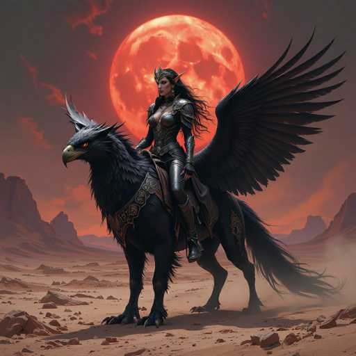 In this captivating fantasy scene, a striking female character is depicted riding a majestic winged creature. The woman, adorned in intricate black leather armor, exudes an aura of power and mystery. Her long, flowing black hair cascades down her back, complemented by a regal crown that sits atop her head. The armor she wears is both form-fitting and protective, with a distinctive design that leaves her chest partially exposed, adding to her fierce and alluring appearance.

The creature she rides is a formidable hybrid, combining avian and feline features. It boasts large, powerful wings that spread wide, and its body is covered in sleek black fur. Its eyes are a piercing orange, and its beak is sharp and menacing, giving it a predatory look. The creature's feet are equipped with long, black claws, adding to its fearsome presence.

Together, they traverse a desolate, rocky terrain that stretches out before them. The landscape is barren and rugged, with jagged rocks and boulders scattered across the ground. In the distance, a range of mountains looms, their silhouettes dark against the sky. The entire scene is bathed in an eerie, otherworldly light, enhancing the fantastical atmosphere of this mesmerizing tableau.