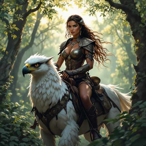 In this captivating fantasy illustration, a striking woman with long, wavy brown hair adorned with a silver barrette rides a majestic white eagle-like creature through a lush forest. She is clad in intricate, silver armor that covers her chest and shoulders, complemented by a leather skirt and tall black boots. Her ensemble is accessorized with a silver necklace and dangling earrings, adding to her regal appearance. The creature beneath her, resembling a fusion of an eagle and a horse, features a white body with a head turned to the left, showcasing a sharp black beak with a yellow tip and a piercing yellow eye. The forest backdrop is filled with tall trees and dense greenery, illuminated by sunlight that filters through the canopy, casting a magical glow over the scene.