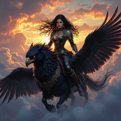 In this captivating fantasy illustration, a striking woman with long, flowing black hair and a fair complexion rides atop a majestic, mythical creature. The creature, resembling a hybrid between a horse and a bird, features a large, black beak and piercing red eyes. Its expansive black wings are spread wide, and it is adorned with a golden harness that adds to its regal appearance. The woman, exuding an aura of power and elegance, is clad in intricate black armor that accentuates her figure. Her armor includes a chest plate, shoulder plates, and a skirt-like armor that extends down to her knees. She also wears black boots and a necklace, with her hair dramatically blowing in the wind. The background is a mesmerizing blend of orange and gray clouds, with the sun peeking through, casting a warm glow over the scene. The overall composition is rich in detail and color, creating a vivid and enchanting fantasy world.