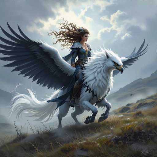 The image depicts a striking fantasy scene featuring a woman riding a majestic white creature with the head of an eagle and the body of a horse. The woman, who has long, flowing brown hair, is dressed in a blue outfit adorned with fur around the shoulders and a cape. She sits confidently on the creature, which has large, powerful wings and a fierce expression. The background is a misty, foggy landscape with mountains and hills, creating an ethereal atmosphere. The sky is a mix of blue and gray, with clouds adding to the mystical ambiance. The overall scene is rich in detail, blending elements of fantasy and nature to create a captivating visual experience.