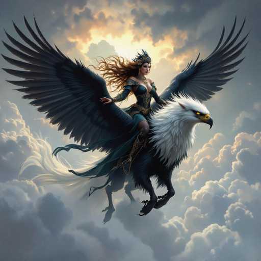 In this captivating fantasy illustration, a majestic eagle with striking white plumage and piercing yellow eyes soars through a sky filled with dark, brooding clouds. The eagle's powerful wings are outstretched, and its talons are poised as if ready to grasp something mid-flight. Atop the eagle sits a regal woman, adorned in an elaborate blue dress that flows elegantly behind her. Her attire is complemented by a golden belt and a crown that sits proudly on her head. She has long, flowing brown hair that streams back in the wind, adding to the dynamic sense of motion in the scene. The woman's dress features a low-cut neckline, revealing a hint of her cleavage, and her ensemble is completed with long, flowing sleeves that billow gracefully in the air. The overall composition exudes a sense of grandeur and otherworldly beauty, drawing viewers into its magical realm.