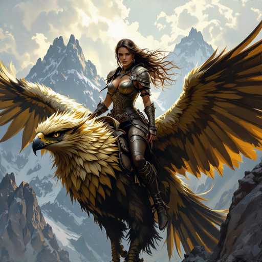 The image depicts a highly detailed, computer-generated fantasy scene featuring a formidable female warrior riding a majestic eagle. The woman, who has long, flowing brown hair, is clad in intricate, dark gray and black leather armor that covers her chest, shoulders, and legs. She also wears a necklace with a prominent pendant and has a black band around her left arm. Her expression is serious, and she gazes directly at the viewer.

The eagle, which she rides, is massive with a striking appearance. Its feathers are a mix of yellow, white, and black, with a particularly bright yellow beak and piercing yellow eyes. The bird's wings are spread wide, showcasing a blend of yellow and black feathers, and its talons are extended, adding to its fierce demeanor.

The backdrop of the scene is a dramatic landscape of snow-capped mountains, with peaks visible on both the left and right sides of the image. The sky above is a mix of blue and gray, filled with clouds that partially obscure the sun, casting a soft light over the entire scene. The overall composition is rich in detail and color, creating a vivid and immersive fantasy world.
