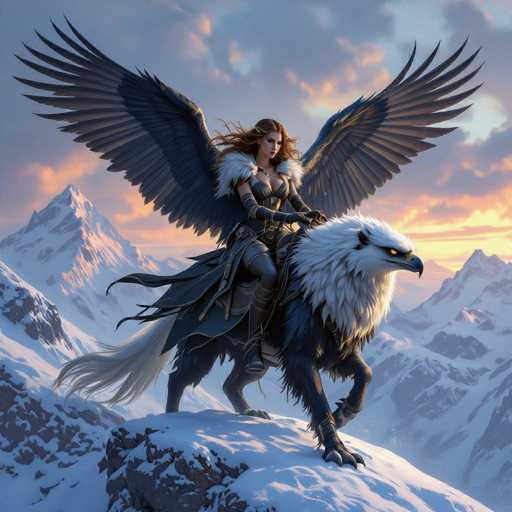 In this captivating fantasy illustration, a fierce female warrior commands attention as she rides a majestic creature that appears to be a fusion of eagle and wolf. The warrior, with her long, flowing brown hair and striking red lips, exudes an aura of strength and determination. She is clad in a form-fitting leather outfit that accentuates her muscular build, complete with gloves that extend to her elbows and a fur-lined collar that adds a touch of wildness to her appearance.

The creature beneath her is a formidable sight, with the head of an eagle and the body of a wolf, its piercing yellow eyes gleaming with intensity. Its massive wings are spread wide, and its powerful legs are poised as if ready to strike. The warrior holds the reins firmly, guiding her mount with a confident grip.

They stand atop a snow-covered mountain peak, with a vast, rugged landscape stretching out behind them. The sky is a dramatic blend of dark clouds and a setting sun, casting a golden glow over the scene. The mountains in the distance are also blanketed in snow, creating a stark and majestic backdrop that enhances the epic nature of this fantastical tableau.