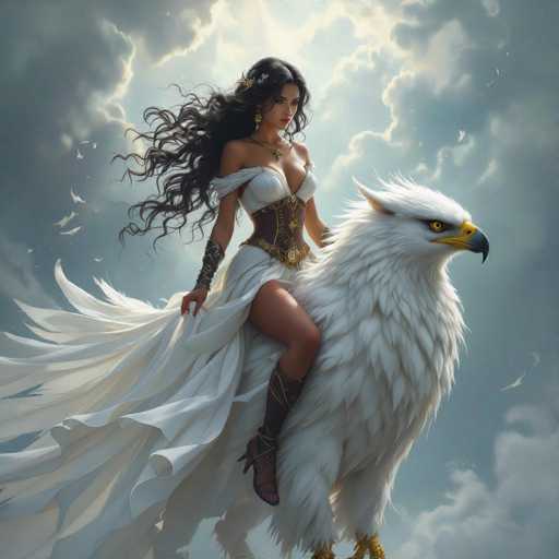 This AI-generated image depicts a striking scene of a woman riding a colossal white eagle. The woman, with long, flowing black hair adorned with flowers, is dressed in a white gown that reveals her legs and chest. She wears a brown corset-like top and black boots, with a gold belt around her waist. Her right arm is adorned with a black band, and she holds the back of her dress with her right hand. The eagle, which is almost as large as the woman, has a fierce expression with yellow eyes and a yellow beak tipped in black. Its wings are spread wide, and its yellow talons are visible. The background features a cloudy sky with a light source behind the woman, casting a dramatic glow over the scene.