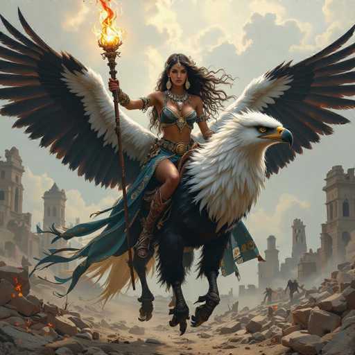 The image depicts a striking scene of a woman riding a majestic eagle. The woman is adorned in an elaborate outfit that includes a blue skirt, a matching blue bra top, and a blue belt. She also wears brown boots and a blue and gold headpiece. Her long, flowing black hair cascades down her back, and she holds a brown staff topped with a glowing yellow flame. The eagle beneath her is predominantly white with black wings, and it appears to be in mid-flight, its talons extended as if ready to grasp something. The background features a gray sky with clouds, and a landscape of broken brown rocks and rubble. In the distance, there are brown buildings with pointed roofs, adding to the dramatic and intense atmosphere of the scene.