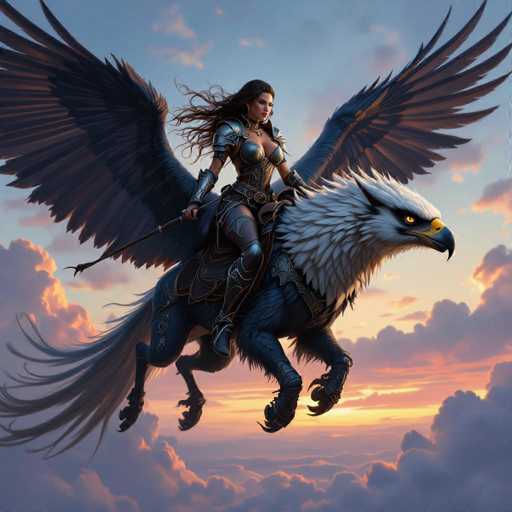A woman is riding on the back of a majestic eagle with wings spread wide and a sword in her hand. The eagle has white feathers and black eyes that seem to be watching over its rider as she soars through the sky during sunset.