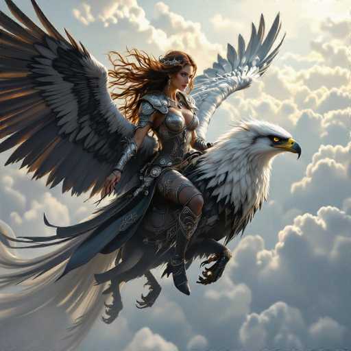 The image depicts a highly detailed, computer-generated scene of a woman riding a majestic eagle, soaring through a sky filled with fluffy clouds. The woman, who appears to be a warrior, is adorned in intricate silver armor that covers her chest, shoulders, and legs. Her long, flowing brown hair streams behind her, and she wears a silver tiara or headband. She is seated on a saddle that is strapped to the eagle, her right leg bent and her left leg extended forward. The eagle, with its striking white head, yellow eyes, and sharp black beak, has wings that are a mix of white and gray feathers. Both the woman and the eagle gaze intently towards the right side of the image, as if focused on something in the distance. The background is a serene expanse of blue sky dotted with white clouds, adding to the ethereal and fantastical atmosphere of the scene.