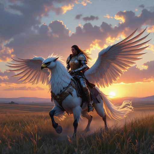 In this captivating fantasy scene, a majestic white creature with the head of an eagle and the body of a horse gallops through a vast, grassy field at sunset. The creature's expansive wings are spread wide, and its powerful hooves kick up a trail of dust as it races forward. Mounted atop this mythical beast is a figure clad in gleaming silver armor, complete with a helmet that leaves only the face visible. The armor is intricately detailed, with a prominent gold emblem adorning the chest plate. The rider, who appears to be a man with long, flowing hair, grips the reins firmly. The setting sun casts a warm, golden glow across the landscape, illuminating the scene with a sense of epic adventure.