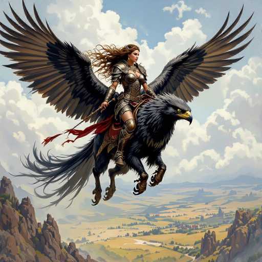 The image depicts a striking fantasy scene featuring a formidable female warrior riding a majestic, mythical creature. The warrior is adorned in intricate, silvery armor that covers her torso and legs, leaving her arms bare. Her long, flowing brown hair cascades down her back, and she wears a silver earring in her right ear. She is mounted on a large, black bird with an impressive wingspan, resembling a hybrid between a hawk and a dragon. The bird's wings are outstretched, showcasing a gradient from black to brown feathers, and it has a sharp, yellow beak with a black tip. The bird's legs are also black, ending in formidable talons. The warrior holds a red scarf in her right hand, which billows behind her as they soar through the air. Below them, a picturesque landscape unfolds, featuring a winding river, lush green trees, and distant mountains. The sky above is a brilliant blue, dotted with fluffy white clouds, adding to the ethereal and magical atmosphere of the scene.