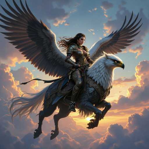 The image depicts a striking fantasy scene featuring a woman clad in intricate, metallic armor. She is mounted on a majestic creature that combines the head of an eagle with the body of a horse. The eagle-headed horse has a white head and a body covered in gray feathers, with its front legs raised as if in mid-gallop. The woman's armor is detailed, with a chest plate that reveals a hint of cleavage and protective gear on her arms and legs. She has long, flowing brown hair that streams behind her, adding to the dynamic feel of the scene. Her face is adorned with red lipstick, and she gazes directly at the viewer. She holds a black reins in her hands, guiding the mythical beast. The background is a dramatic sky filled with clouds, illuminated by the warm hues of a setting sun, casting an orange glow over the entire scene.