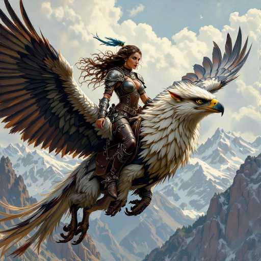 A woman is riding on the back of a majestic white eagle with brown wings and a blue headdress, soaring through a mountainous landscape under a clear blue sky dotted with fluffy white clouds.