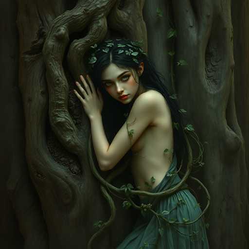 The image depicts a young woman with long, dark hair adorned with leaves, giving her a nature-inspired appearance. She is positioned against a large, gnarled tree trunk, which features a prominent branch extending to the left. The woman is wearing a greenish-blue skirt that appears to be made of leaves, blending seamlessly with the natural surroundings. Her body is oriented to the left, but she is looking directly at the viewer with a serene expression. Her right hand is placed gently against the tree trunk, while her left arm is wrapped around it, creating a sense of connection with nature. The overall scene evokes a mystical, forest-like atmosphere, reminiscent of a fairy tale or fantasy setting.