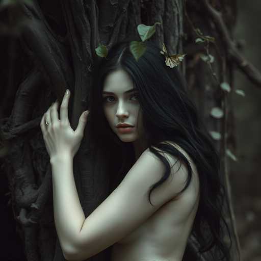 In this captivating image, a woman with long, flowing black hair stands gracefully against a large, gnarled tree. Her pale skin contrasts beautifully with her vibrant red lips, which are slightly parted as she gazes directly at the camera. She is adorned with a ring on her right hand, which rests gently against the tree's rough bark. The tree itself is a striking feature, with its twisted branches and leaves that seem to frame her head like a natural crown. A delicate butterfly perches on a leaf near her, adding a touch of whimsy to the scene. The background is softly blurred, drawing focus to the woman and the tree, while a vine with leaves drapes elegantly behind her, enhancing the enchanting forest atmosphere.