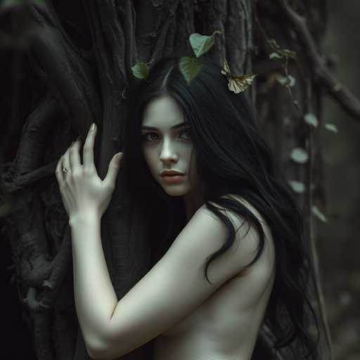 A woman with long dark hair is standing against a tree trunk and leaves. She has her arms wrapped around the tree trunk and she wears a necklace on her head. The background of the image is dark and blurry, suggesting that it might be taken in a forest or at dusk.