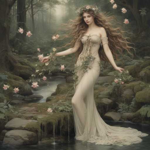 The image portrays a young woman with long, wavy brown hair cascading down to her waist, standing in a serene forest by a small creek. She is dressed in a flowing, white gown adorned with pink flowers and green leaves, which elegantly drapes to the ground. Her gown features a low neckline and a corset-like top, with a sash that ties around her chest. She holds a bouquet of pink flowers in her right hand, while her left hand is extended, as if reaching for more flowers. The scene is set amidst a backdrop of tall trees, with a misty, foggy atmosphere that adds a touch of ethereal beauty to the setting. The creek, bordered by moss-covered rocks, meanders through the forest, enhancing the tranquil and enchanting ambiance of the image.
