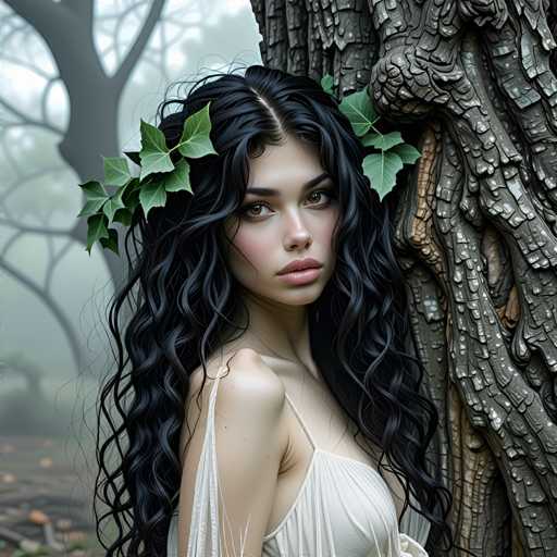 A young woman with long, wavy black hair adorned with green leaves stands gracefully against a large, ancient tree. Her hair cascades down her back, framing her face elegantly. She wears a flowing white dress with thin straps, and her light brown eyes gaze directly at the camera. The tree behind her, with its thick, textured bark, adds a sense of timelessness to the scene. The background is filled with more trees, creating a lush, natural setting. The ground beneath her is covered in dirt, with small orange objects scattered around, adding a touch of color to the earthy tones. The overall atmosphere is serene and enchanting, blending the beauty of nature with the woman's ethereal presence.