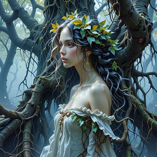 This image portrays a young woman with long, wavy black hair adorned with a crown of yellow and green leaves. She has a fair complexion, pink lips, and is wearing a white dress that is off the shoulder, revealing her bare arms and chest. The dress features a gold clasp at the top and is embellished with brown vines and green leaves. She is also wearing gold earrings. The background is a misty, foggy forest with large, dark trees that have thick trunks and sprawling branches. The overall scene has a mystical, ethereal quality, with the woman appearing to be in a dreamlike state, gazing off into the distance. The image has a slightly surreal, possibly AI-generated feel to it, with a bluish tint and a hazy atmosphere.