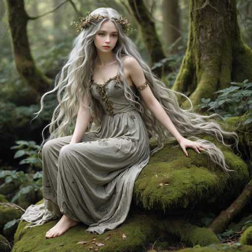 A captivating photograph features a young woman with long, flowing gray hair adorned with a delicate floral crown. She is dressed in a flowing gray dress that complements her ethereal appearance. The woman is seated on a moss-covered rock in a serene forest setting, surrounded by towering trees with thick trunks and lush greenery. The scene is bathed in soft, natural light, highlighting the intricate details of her dress and the surrounding nature. Her bare feet rest gently on the rock, and she gazes directly at the camera with a serene expression, her lips painted a soft pink. The overall composition exudes a sense of tranquility and connection with nature, making it a truly enchanting image.