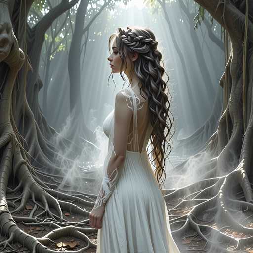 A woman in a flowing white dress stands in an ethereal, mystical forest. She is facing away from the viewer, her long, wavy hair cascading down her back and partially obscuring her shoulders. The dress is a simple, flowing design with delicate white lace or fabric details on the sleeves and back. The forest is filled with gnarled, ancient tree roots that twist across the ground, creating a sense of depth and mystery. Soft, glowing light filters down from above, illuminating the scene with a magical, dreamlike quality. The overall color palette is muted and serene, with shades of white, gray, and soft green dominating the image. The woman's posture is graceful and contemplative, suggesting a sense of peace and connection to nature.