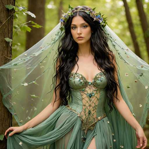 A woman with long dark hair is standing in a forest surrounded by trees and flowers. She is wearing a green dress that has a floral design on the bodice and skirt, and she is also wearing a crown of flowers on her head.