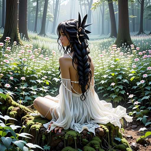 In this captivating image, a young woman sits gracefully on a moss-covered tree stump, surrounded by a lush forest. She is adorned in a sheer white dress that elegantly drapes off her shoulders, revealing her bare arms and back. Her long, dark hair cascades down her back in a single braid, intricately decorated with black feathers and a striking gold and black barrette. Her complexion is fair, and she wears a soft pink blush on her cheeks, complementing her delicate features. The woman gazes thoughtfully to the left, her expression serene and contemplative.

The forest around her is a vibrant tapestry of nature. Tall trees with brown trunks and green leaves create a dense canopy overhead, while the ground is carpeted with a mix of green and white grasses. Scattered among the grass are numerous pink flowers, adding splashes of color to the scene. The overall atmosphere is one of tranquility and natural beauty, perfectly capturing a moment of quiet reflection in a picturesque woodland setting.