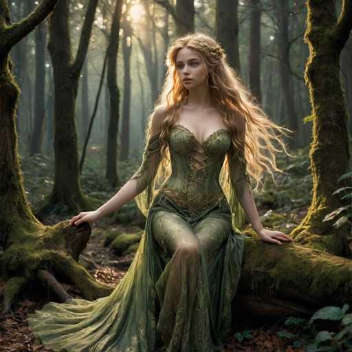 A woman with long blonde hair is sitting on a tree trunk in a forest. She is wearing a green dress and has a crown of flowers on her head. The background features tall trees and moss-covered rocks.