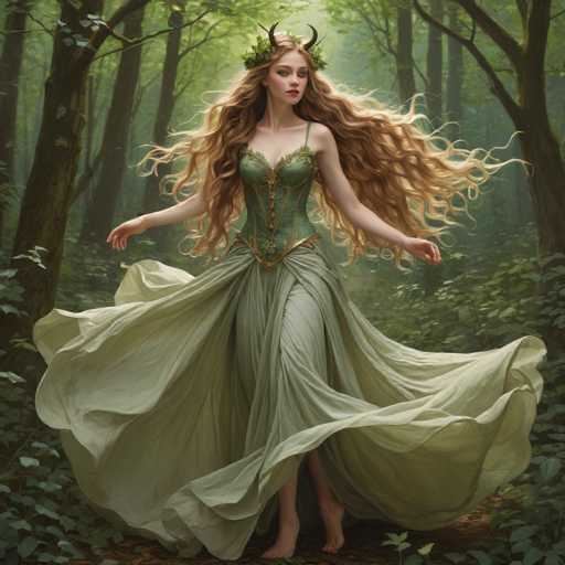 In this captivating image, a woman stands gracefully in the midst of a dense forest, surrounded by tall trees and lush greenery. She is adorned in a stunning dress that features a light green skirt and a darker green corset-like top, which is accentuated with intricate gold detailing. Her long, flowing hair cascades down her back, adding to her ethereal appearance. Atop her head, she wears a delicate crown made of leaves, with two small horns protruding from the front, giving her a mythical or fairy-like aura. The woman's bare feet are firmly planted on the ground, and she gazes directly at the camera with a serene expression. Her arms are extended out to her sides, and her dress billows around her, creating a dynamic and almost magical effect. The overall composition of the image evokes a sense of enchantment and wonder, as if she is a forest nymph or a character plucked from a fairy tale.
