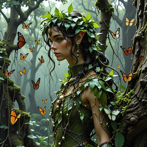 The image depicts a highly detailed, computer-generated scene of a young woman standing in a lush forest. She is adorned in a green dress made of leaves and vines, with additional leafy embellishments on her shoulders. Her long, dark hair is styled in a ponytail, and she wears a leafy crown on her head. She has pointed ears, reminiscent of an elf, and her face is accentuated with makeup, including a beauty mark on her cheek. She also wears a green choker and long earrings. Surrounding her are numerous monarch butterflies, with some appearing to emerge from her body. The background features a dense forest with trees, branches, and leaves, creating a mystical and enchanting atmosphere.