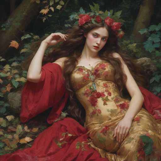The image depicts a young woman with long, wavy brown hair adorned with a crown of red roses and green leaves. She is seated on a rock in a forest setting, surrounded by trees, leaves, and scattered brown and green foliage. The woman is wearing a golden dress with red roses and green leaves, and a red shawl draped over her left arm. Her right arm is bent at the elbow, with her hand near her face, and her left arm rests on her lap. She has a fair complexion, blue eyes, and red lips, and she gazes directly at the viewer. The scene is rich in detail, with the woman's attire and the natural elements around her creating a harmonious and enchanting atmosphere.