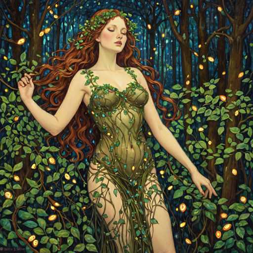 The image depicts a detailed painting of a woman with long, wavy red hair adorned with a crown of green leaves. She is dressed in a green bodysuit made of vines and leaves, with straps over her shoulders and a skirt-like extension that reaches down to her knees. Her eyes are closed, and her head is tilted slightly to the right, giving her a serene expression. She stands in a lush forest, surrounded by tall trees with brown trunks and green leaves. The forest floor is covered with green grass and vines, and the scene is illuminated by numerous glowing yellow lights, resembling fireflies or small lanterns, which add a magical ambiance to the setting. The overall atmosphere is one of tranquility and enchantment, with the woman appearing as a harmonious part of the natural environment.