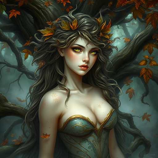 This digital illustration depicts a young woman with long, wavy brown hair adorned with orange and yellow leaves. Her striking yellow eyes and full red lips contrast with her very pale, almost porcelain-like skin. She is dressed in a green corset with gold trim and intricate leaf patterns, which leaves her shoulders and arms bare. The background features a dark, dense forest with large tree trunks and branches, some of which are draped with orange leaves, adding to the mystical and eerie atmosphere. The woman stands in the center of the image, looking slightly to the right, with a serene yet enigmatic expression. The overall scene evokes a sense of autumn and fantasy, reminiscent of a character from a fairy tale or a video game.