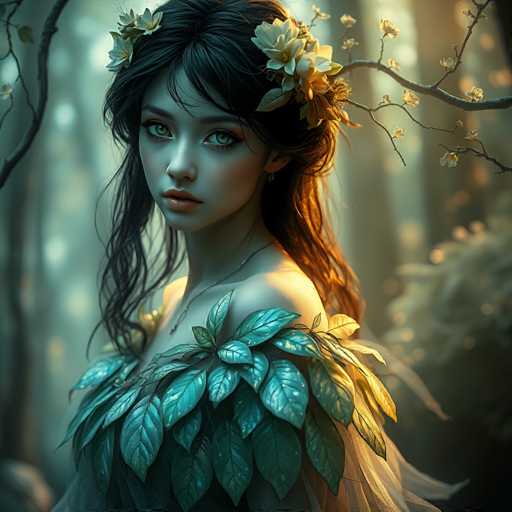 This image depicts a highly detailed, computer-generated or AI-generated artwork of a young woman, possibly in her late teens or early twenties. She has long, dark brown hair adorned with white flowers, and her striking green eyes are framed by long eyelashes. Her lips are painted a soft pink, and she wears a delicate silver necklace. The woman is dressed in a unique, nature-inspired outfit made of green leaves, with a sheer, white fabric overlay that adds a touch of ethereal elegance. She is positioned in a side profile, facing left, but her head is turned towards the viewer, creating a captivating and mysterious aura. The background is a blurred forest, with sunlight filtering through the trees, casting a soft glow on her figure and the surrounding foliage. A branch with small flowers extends into the frame from the right, adding to the natural, whimsical setting. The overall composition exudes a sense of fantasy and enchantment, reminiscent of a character from a fairy tale or a fantasy video game.