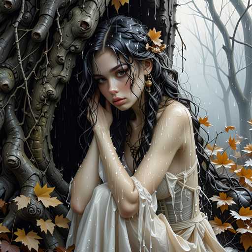 In this captivating digital artwork, a young woman with long, dark hair sits gracefully in front of a gnarled tree. Her hair cascades down her back, with a braid elegantly woven into the top section. She wears a flowing white dress that complements her delicate features, including her full lips and expressive eyes. Her arms are crossed over her knees, and she gazes directly at the viewer, creating a sense of connection. The tree behind her is adorned with autumn leaves, adding a touch of seasonal beauty to the scene. Rain gently falls around her, with water droplets glistening on her skin and dress, enhancing the serene and slightly melancholic atmosphere. The background is filled with more trees, their bare branches reaching into the misty, foggy sky, which adds depth and a sense of mystery to the composition.