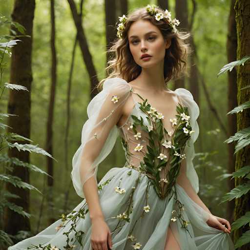 In this captivating image, a young woman stands gracefully in a lush forest, surrounded by tall trees and dense foliage. She is adorned in a stunning, sheer white dress that features an intricate design of green leaves and delicate white flowers. The dress is form-fitting around her chest and waist, with a sheer overlay that extends from her shoulders to her wrists, adding an ethereal quality to her appearance. Her long, wavy brown hair cascades down her back, and she wears a floral crown made of white flowers and green leaves, perfectly complementing her attire. The woman's head is turned slightly to the right, her expression serene and contemplative, as she gazes into the distance. Her lips are painted a soft pink, adding a touch of warmth to her complexion. The overall scene exudes a sense of tranquility and natural beauty, with the woman appearing almost as if she is a part of the forest itself.