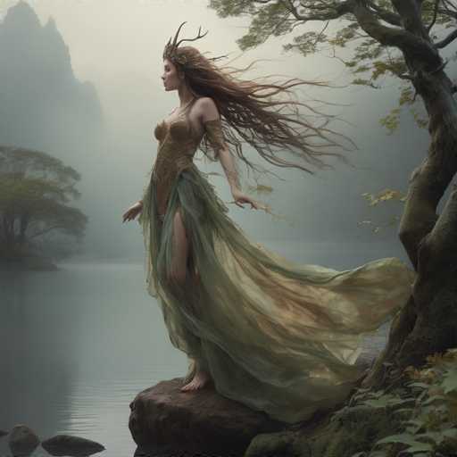 In this captivating fantasy painting, a woman stands poised on a large, flat rock at the edge of a serene lake. She is adorned in a striking ensemble featuring a gold, sleeveless bodice that transitions into a flowing, sheer green skirt. Her long, wavy brown hair cascades down her back, blending seamlessly with the ethereal atmosphere. Atop her head, she wears a delicate crown made of branches and leaves, enhancing her mystical appearance. Her arms are adorned with intricate tattoos, and she holds a small branch in her left hand. The scene is enveloped in a misty fog, with the lake's surface reflecting the soft light. Surrounding her are lush trees and bushes, while distant mountains rise through the haze, adding depth to the enchanting landscape.