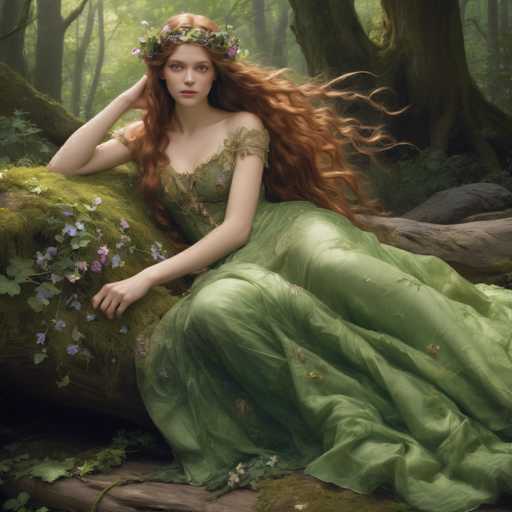 The image depicts a young woman with long, flowing red hair adorned with a crown of green leaves and purple flowers. She is dressed in a flowing green dress that appears to be made of sheer fabric, with delicate straps that fall off her shoulders. The woman is seated on a moss-covered log, surrounded by a lush forest setting. Her right arm rests on the log, while her left hand is placed on her knee. She gazes directly at the camera with a neutral expression, her lips slightly parted. The scene is illuminated by sunlight filtering through the trees, casting a warm glow on the greenery and highlighting the intricate details of her attire and the natural surroundings.